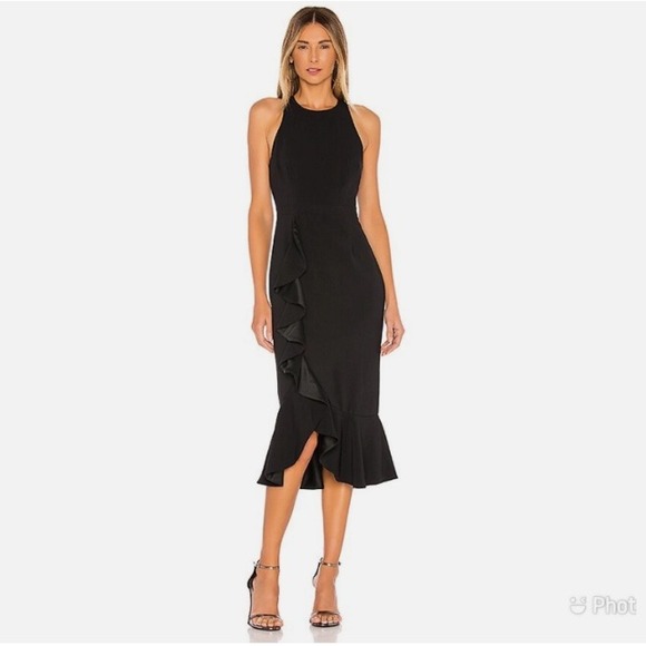 NWOT Likely Tay Dress Black Ruffle Midi Sleeveless Bodycon Sz 2 - Picture 1 of 9